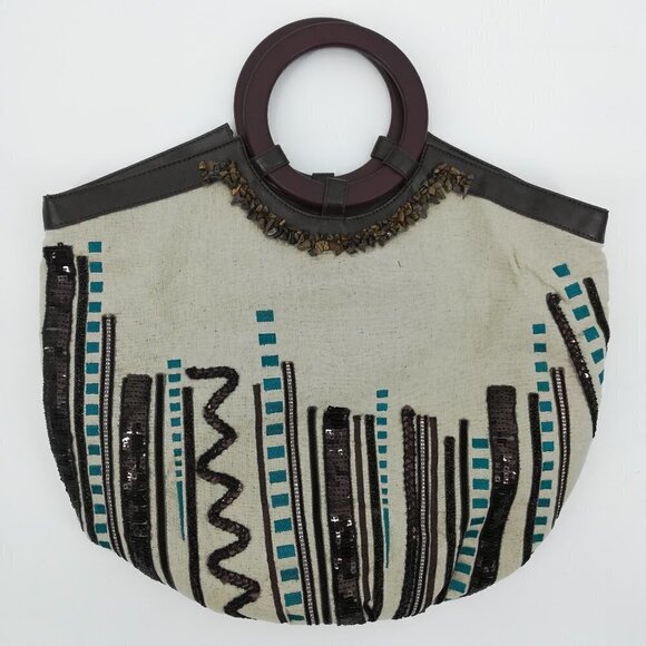 Chicos Boho Shoulder Bag Purse Wood Handles - Picture 1 of 13
